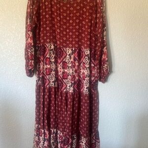 Easel Burgundy and Cream Floral Long Sleeve Dress
